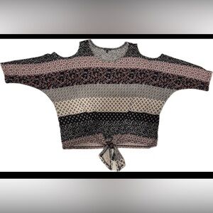 Hannah Black and Pink Floral Patchwork Patterned Cold Shoulder Knot Front Blouse